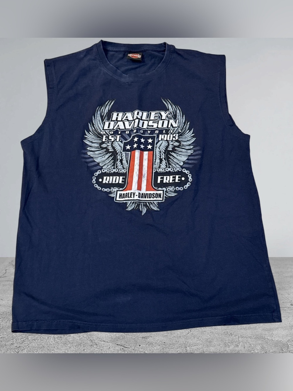 Harley-Davidson Men's Sleeveless, Navy Blue, Front/Back Graphics Size 2XL